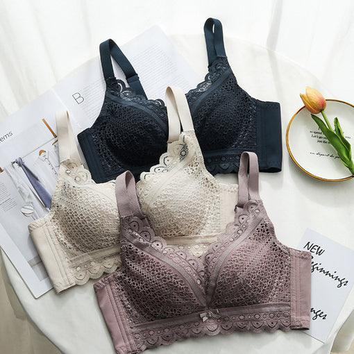 Gathering Elegant Lace Mulberry Silk Bow 3/4 Cup Wireless Underwear Bras & Bralettes [GDBR0049]