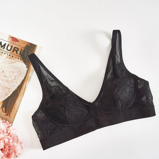 Comfortable Gathering Sexy Lace Mulberry Silk 3/4 Cup Wireless Underwear Bras & Bralettes [GDBR0060]