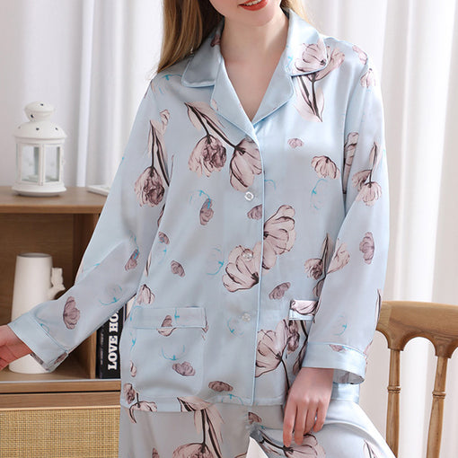 19m/m Silk Pajamas Thin Printing Lapel Long-Sleeved Trousers Loungewear [SLP0004]