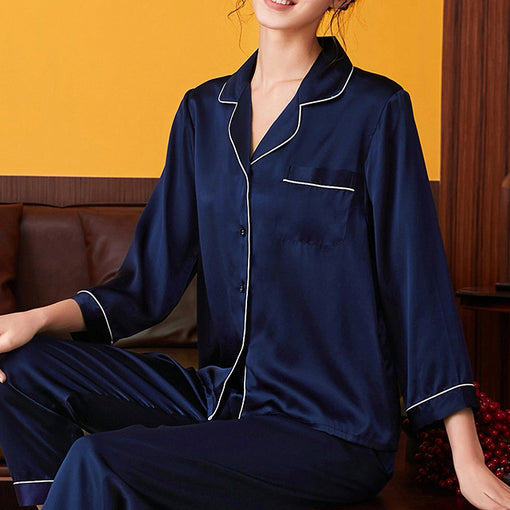 100% Mulberry Silk Pajamas Long-Sleeved Trousers Two-Piece Suit Loungewear [SLP0010]