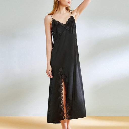 100% Mulberry Silk Night Robe Lace Sexy Slit Cami Women Nightdress [SLP0013]