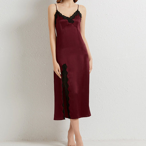 100% Mulberry Silk Night Robe Lace Sexy Slit Cami Women Nightdress [SLP0013]